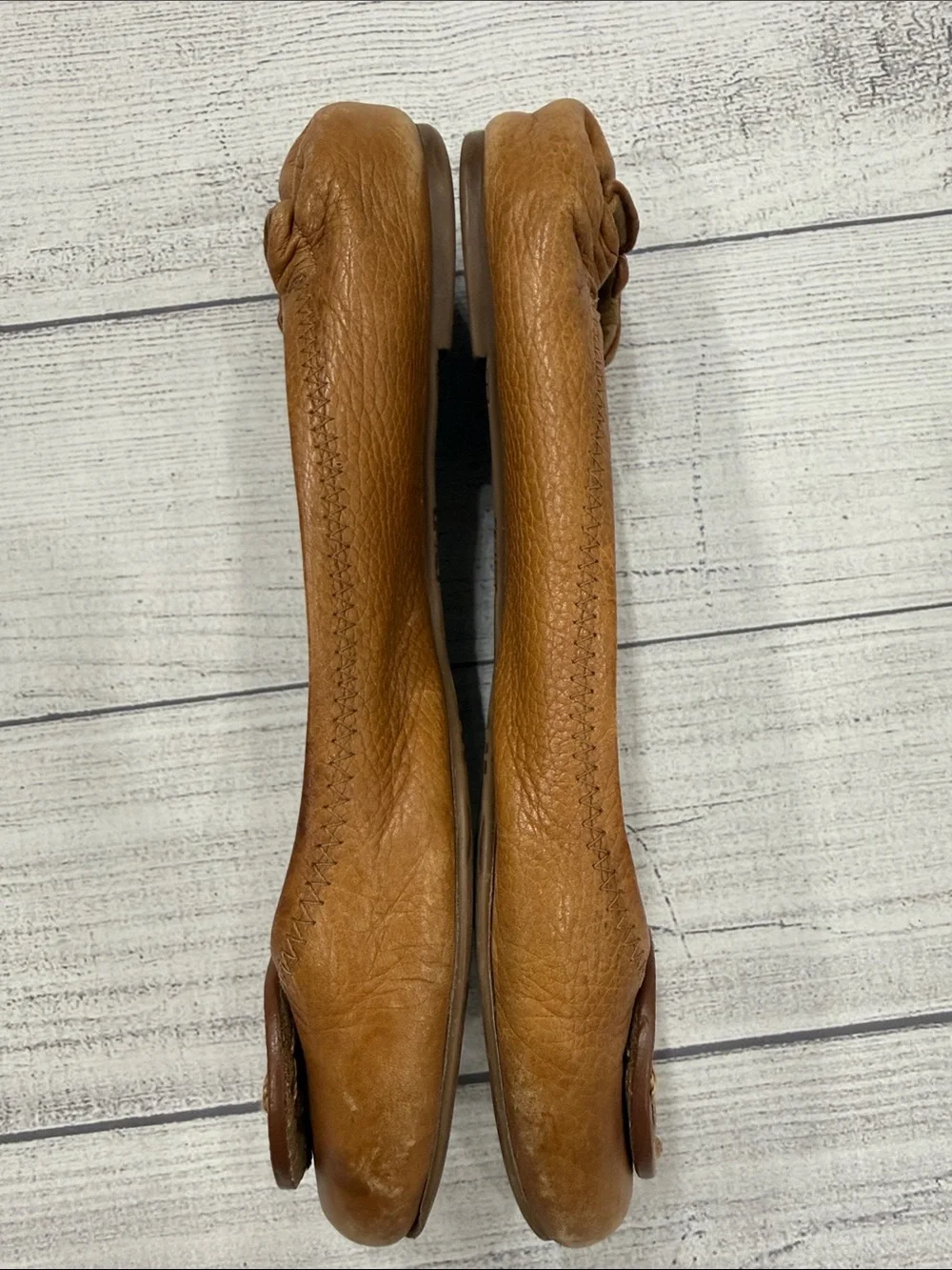 Tory Burch Reva Cognac Brown Leather Ballet Flats Logo Medallion Women's Size 10